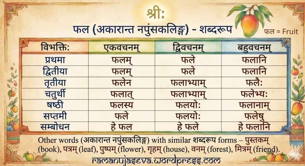 फल शब्दरूप (अकारान्त नपुंसकलिङ्ग) . [phal ka shabd&nbsp;roop]