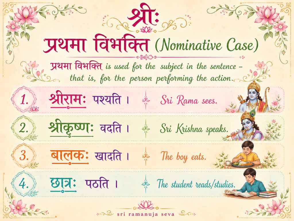 Examples of sentences for प्रथमा विभक्ति , along with their meanings. 