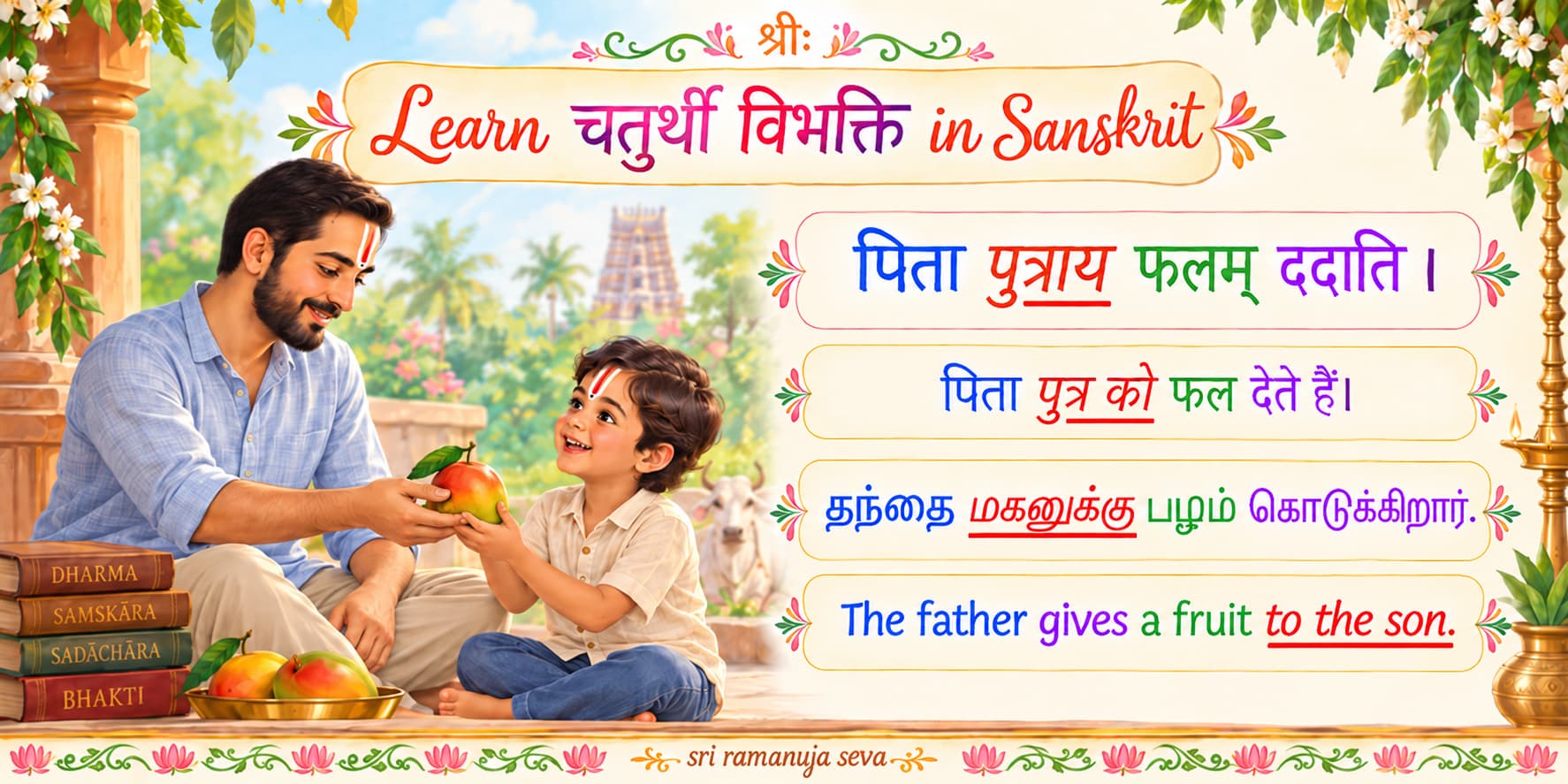 Learn चतुर्थी विभक्ति in Sanskrit with simple examples.