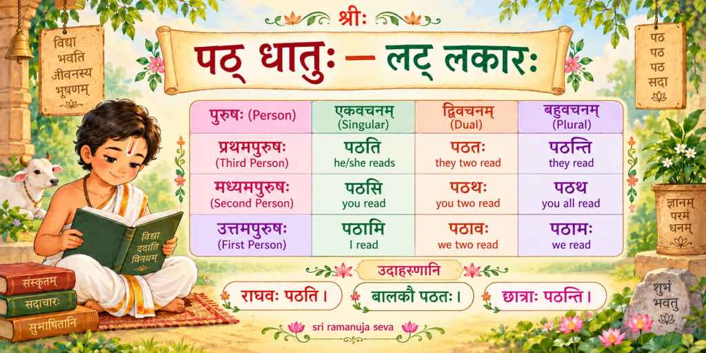 पठ् धातुरूपम् – लट् लकारः (Present Tense examples in Sanskrit) (Dhatu roop of path&nbsp;dhatu)